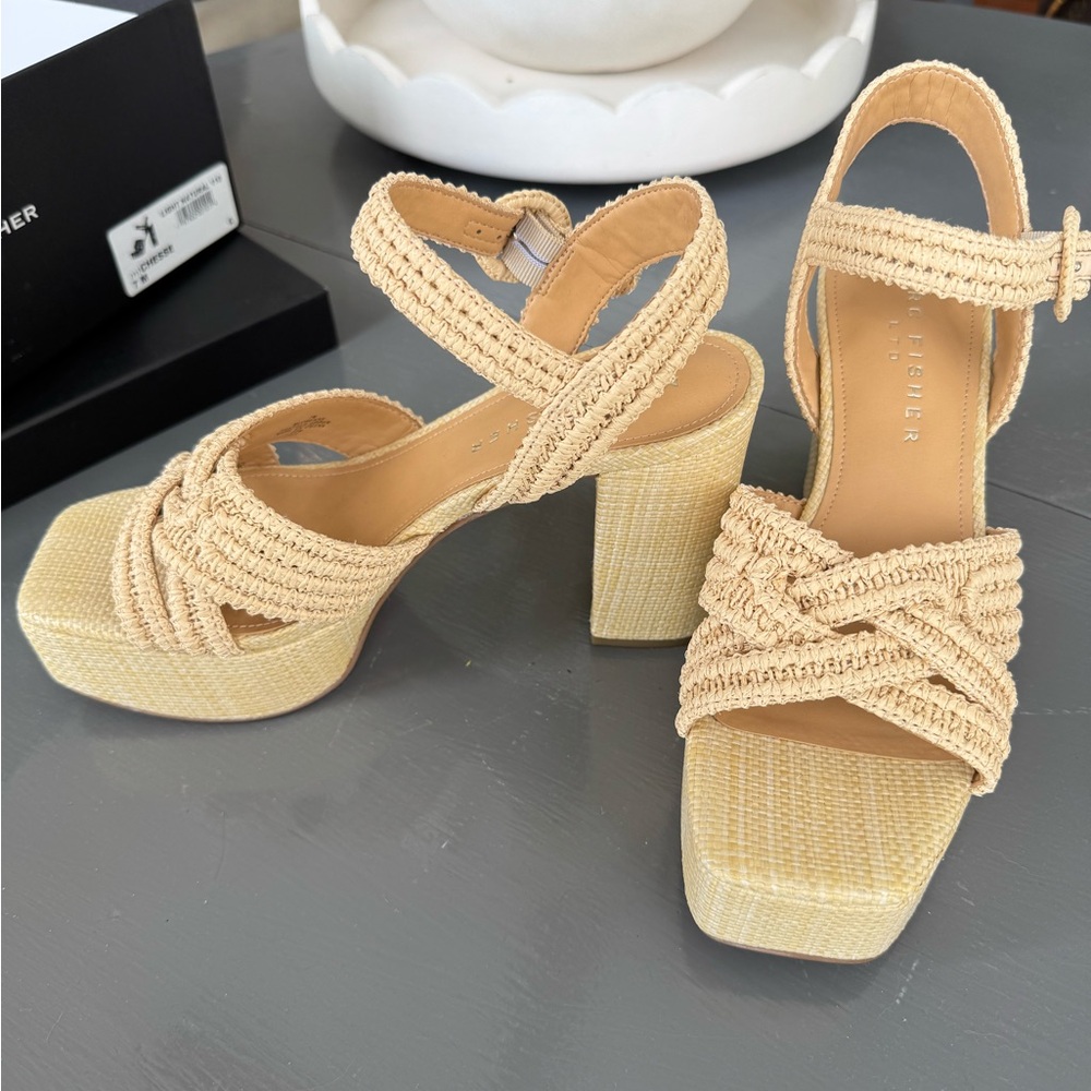 Marc Fisher Chesse rattan Cream Platform Shoes with Chunky Heel - Picture 8 of 9